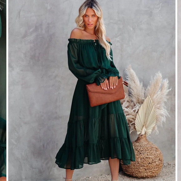 VICI PEACEKEEPER OFF THE SHOULDER MIDI DRESS - HUNTER GREEN NWT MEDIUM